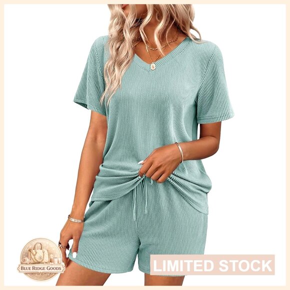 Short Sleeve V-Neck Pajama Set Knit Lounge Wear Casual Comfortable Loungewear